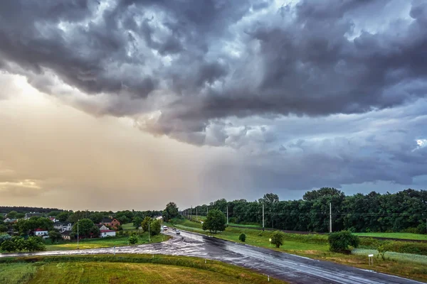Rural Landscape Storm Clouds Village Forest Highway — Stock Photo, Image