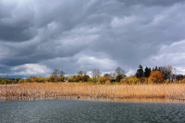 Manzara - nehir kıyısında fırtına bulutları.