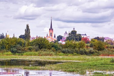 Yaz manzarası - kiliseleri, tapınakları ve bulutlu bir günde parkı olan nehir kıyısı (Lutsk, Ukrayna).