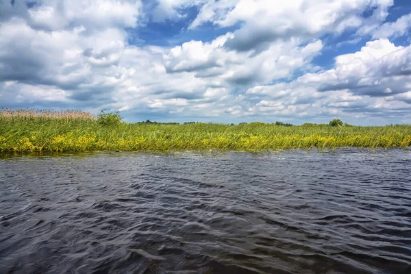 Giornata Soleggiata Sul Fiume Sulla Riva Con Foresta Cielo Blu — Foto Stock