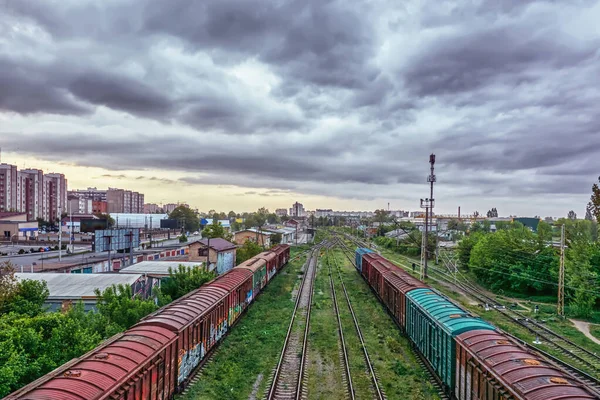 City Station Electrified Railway Freight Cars Sunset — Stock Photo, Image