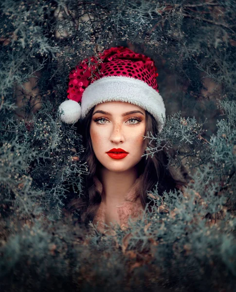 Jovem Bela Mulher Usando Chapéu Papai Noel Natureza — Fotografia de Stock