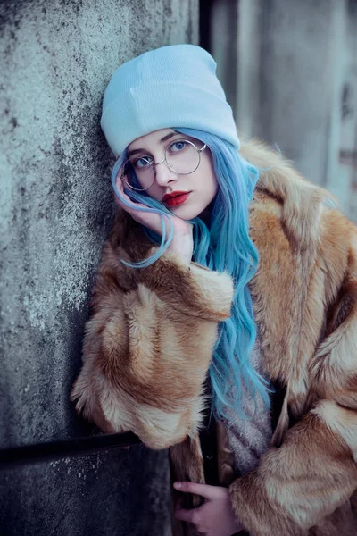 Portrait Young Beautiful Woman Blue Hair — Stock Photo, Image