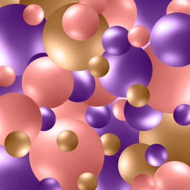 Renkli toplar arka planı. Vektör 10 'u gösteriyor. 3D mor, pembe ve altın toplar.