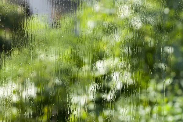 Textured wet window glass with rain drops and natural green and gray blurs