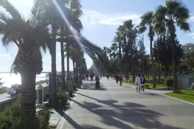 Limasol, Kıbrıs, 27 Aralık 2019: Molos güneşli bir kış gününde yürüyen insanlarla gezinti yapıyor