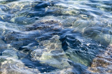 Dalgalanan şeffaf deniz suyu yüzeyinin ve suyun altındaki kayaların yakın çekimi.