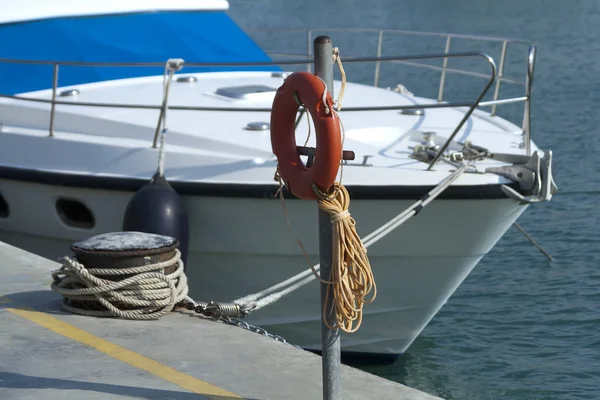 Orange Lifebuoy Front Moored Boat Sea Harbor — Stock Photo, Image