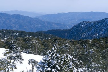 Kışın Kıbrıs Rum Kesimi 'nin pitoresk Troodos dağlarının panoramik manzarası