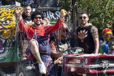 Limassol, Cyprus, March 1st, 2020: Young men enjoying themselves during the Grand Parade of the Annual Limassol Carnival Festival