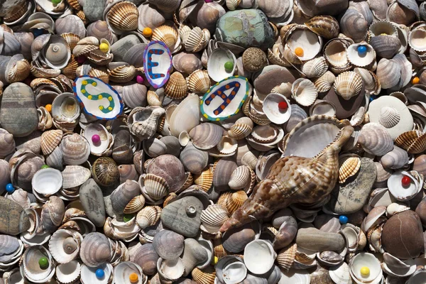 Doğal Renklerde Deniz Kabukları Çakıl Taşları Parlak Renkli Harflerle Güneş — Stok fotoğraf