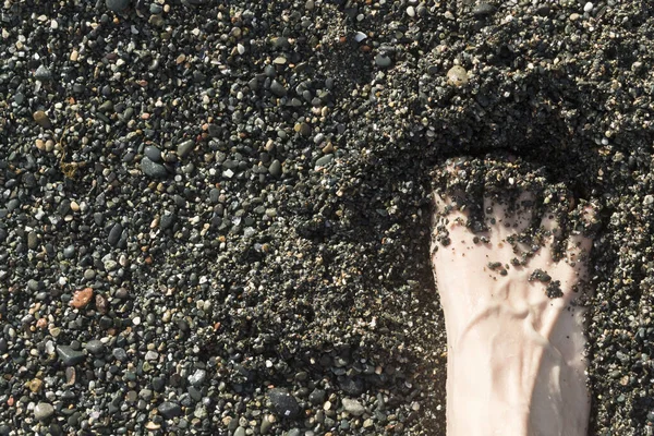 Textuur Van Strand Zand Kleine Stenen Met Een Blote Voet — Stockfoto