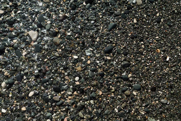 Texture of small wet stones on the sea beach in sunlight