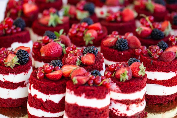 Mini gâteaux en velours rouge avec mûre gros plan — Photo