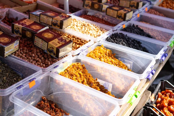 Dried fruits on counter for sale. — Stock Photo, Image