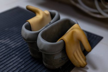 Lastik botlar, galoşlar ve bir halı.