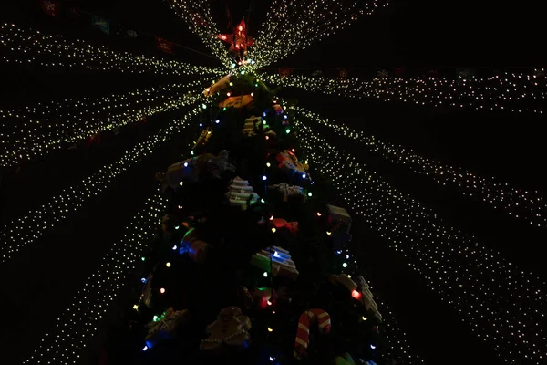 Karácsonyfa éjszaka díszített játékok és neon fények — Stock Fotó