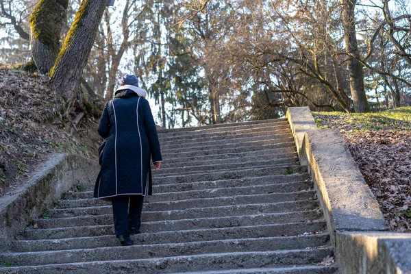 Woman climbs stairs in a park.