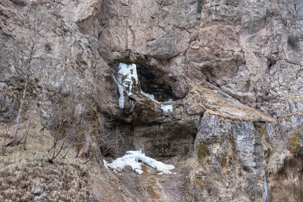 Acantilado Con Árboles Creciendo Nieve Yaciendo — Foto de Stock