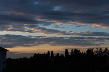 Gün batımında bulutlu ve ağaçlı gökyüzü.