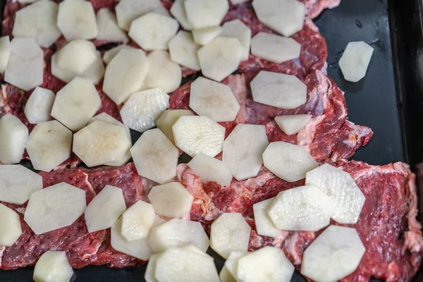 Cuisine Viande Français Sur Plaque Pâtisserie Trouve Viande Battue Des — Photo