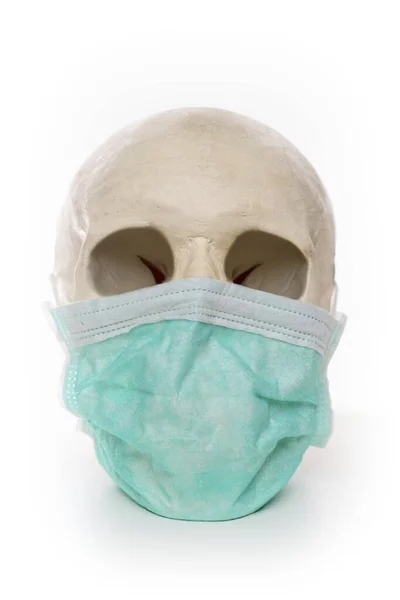 Teschio Umano Con Una Maschera Protettiva Bocca Concetto Pandemia Influenzale — Foto Stock