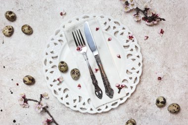 Güzel bir şenlik ya da Paskalya sofrası. Baharın filizlendiği dallar ve bıldırcın yumurtaları. Kopyalama alanı olan üst görünüm.