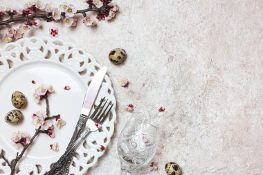 Güzel bir şenlik ya da Paskalya sofrası. Baharın filizlendiği dallar ve bıldırcın yumurtaları. Kopyalama alanı olan üst görünüm.