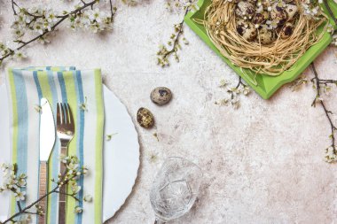 Güzel şenlik ya da Paskalya sofrası. Arka planda bahar çiçeği ve bıldırcın yumurtası var. Kopyalama alanı olan üst görünüm.