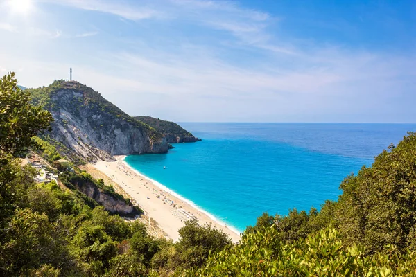 Panoranic Foto Van Milos Strand Bij Het Dorp Agios Nikitas — Stockfoto