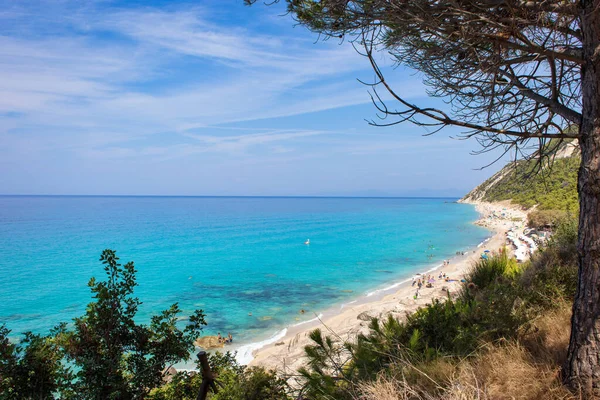 Lefkada Yon Adaları Yunanistan Daki Pefkoulia Plajının Panoramik Manzarası — Stok fotoğraf