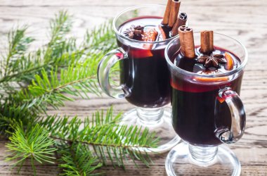 İki bardak köknar dalı ile mulled şarap