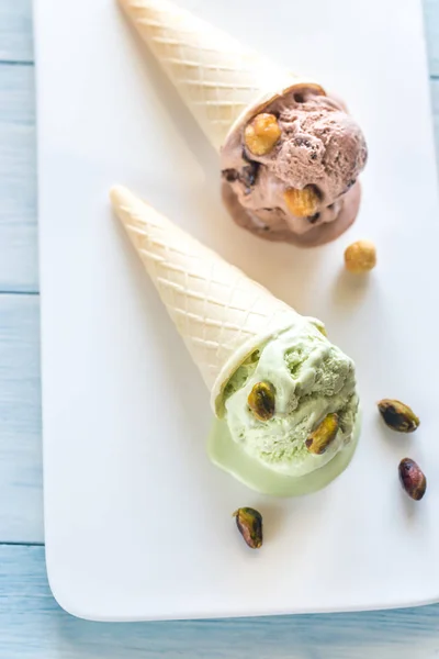 Two cones of nut-flavored ice cream — Stock Photo, Image