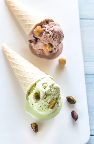 Two cones of nut-flavored ice cream — Stock Photo, Image