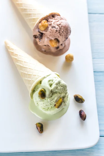 Two cones of nut-flavored ice cream — Stock Photo, Image