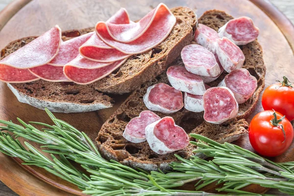 Sandwiches with salami — Stock Photo, Image