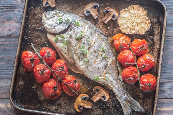 Grilled fish with thyme and cherry tomatoes — Stock Photo, Image