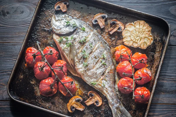 Grilled fish with thyme and cherry tomatoes — Stock Photo, Image