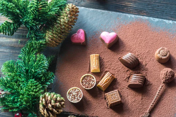 Choklad godis med kakao och julgran gren — Stockfoto