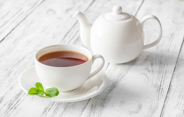 Чашка Черного Чая Деревянном Фоне — стоковое фото