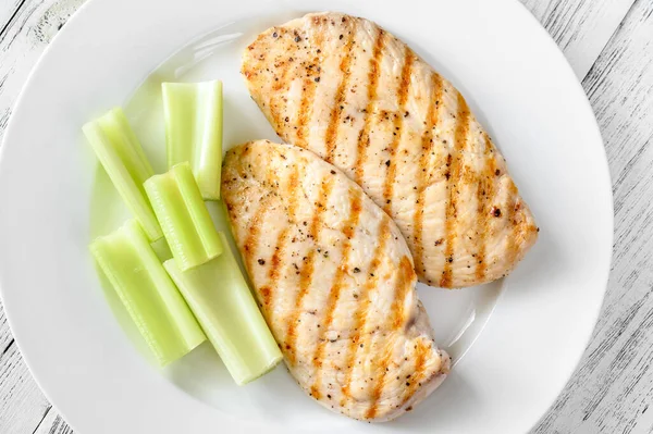 Grilled Chicken Garnished Celery Stalks — Stock Photo, Image