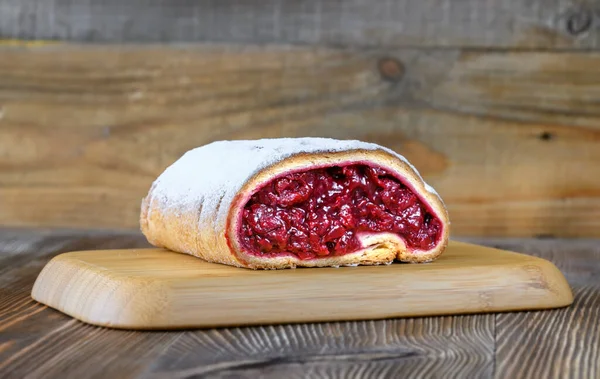 Strudel Cherry Filling Wooden Background — Stock Photo, Image