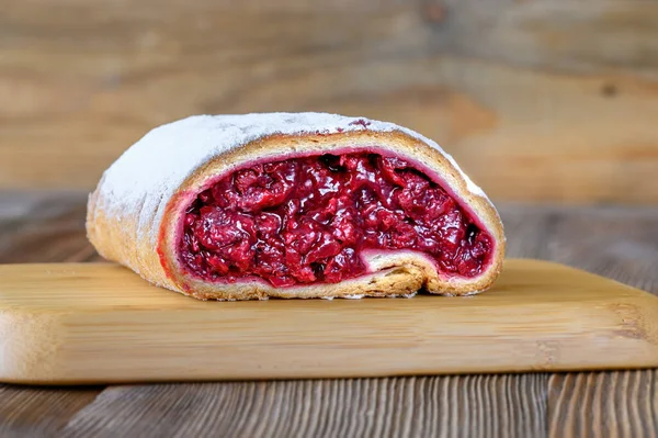 Strudel Cherry Filling Wooden Background — Stock Photo, Image