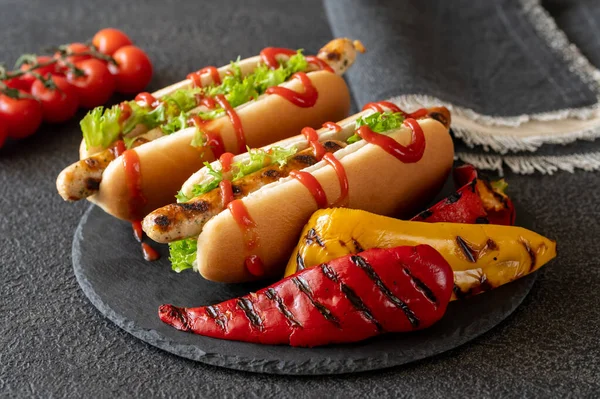 Two Hot Dogs Grilled Sausages Stone Board — Stock Photo, Image