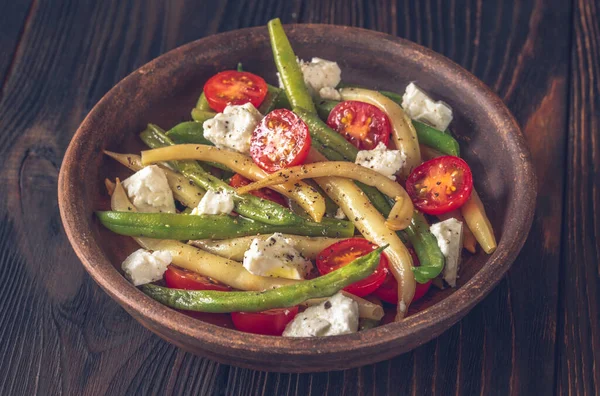 Pittige Salade Met Groene Gele Bonen Tomaten Feta Kaas — Stockfoto