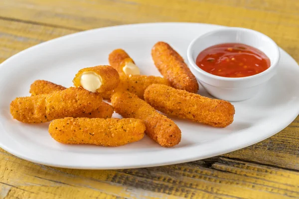 Mozzarella Sticks Chili Sauce Serving Plate — Stock Photo, Image