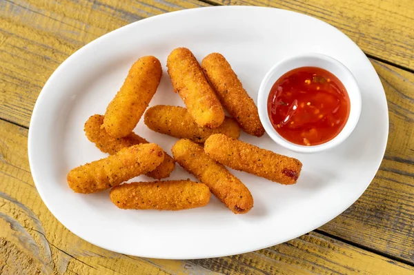 Mozzarella Sticks Chili Sauce Serving Plate — Stock Photo, Image