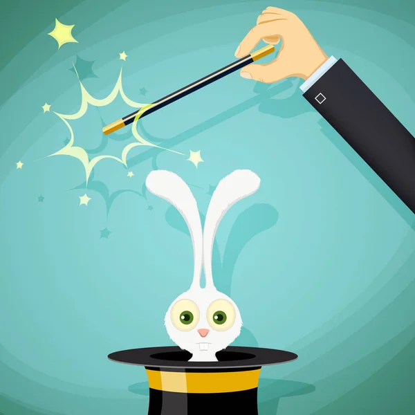 Mágico com varinha mágica e um coelho de chapéu — Fotografia de Stock