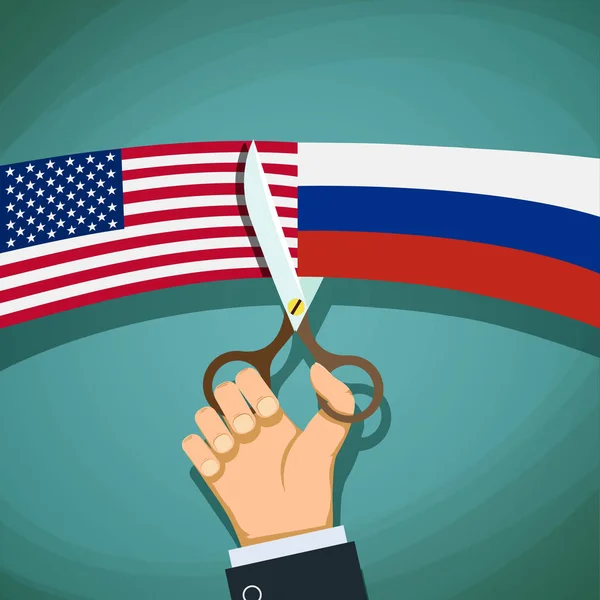 USA and Russian flags cutted with scissors — Stock Photo, Image