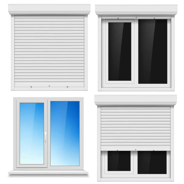 Conjunto de ventanas de PVC y persiana metálica aislada en la espalda blanca — Foto de Stock